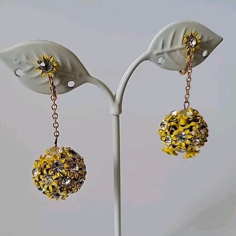 Vintage 60s Yellow Enameled Filigree Globe Drop Clip On‎ Earrings Billie Eilish - Picture 6 of 9